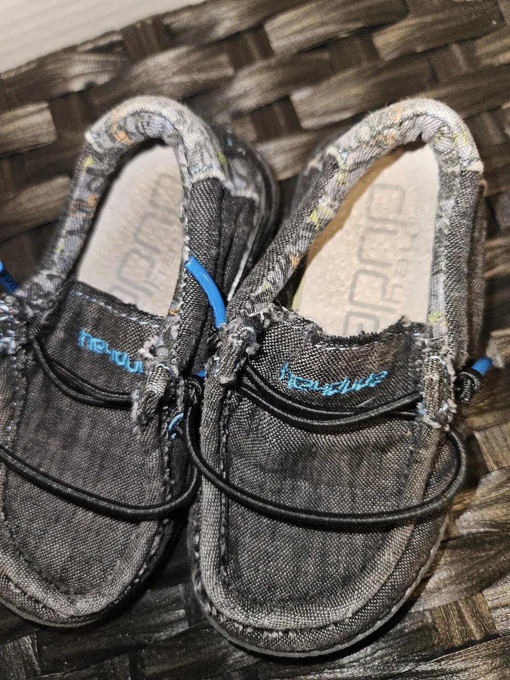 Hey Dude Kids Black Canvas Slip-On Moccasins with Blue Accents
